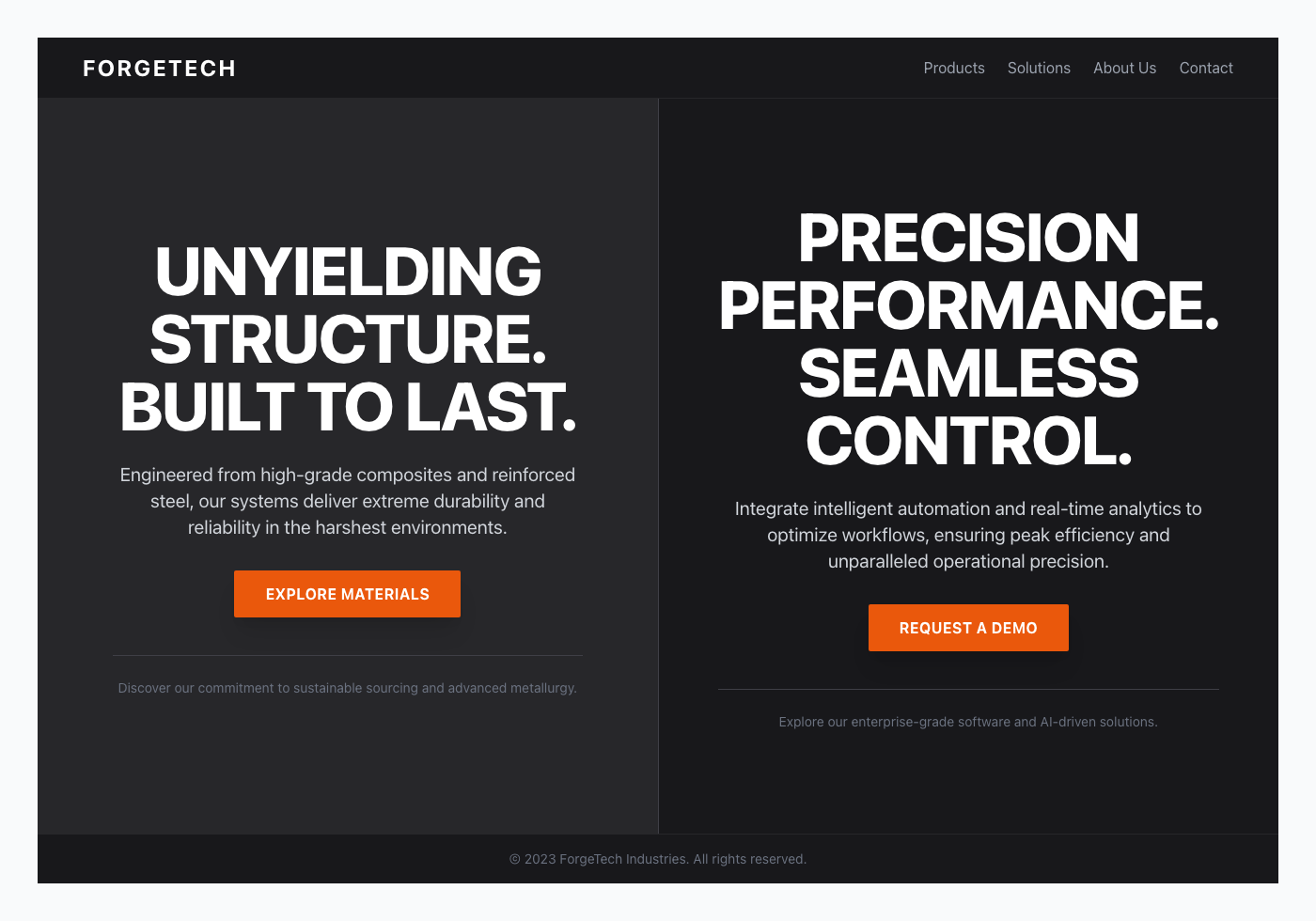 Industrial Split Screen Feature Display Landing Page