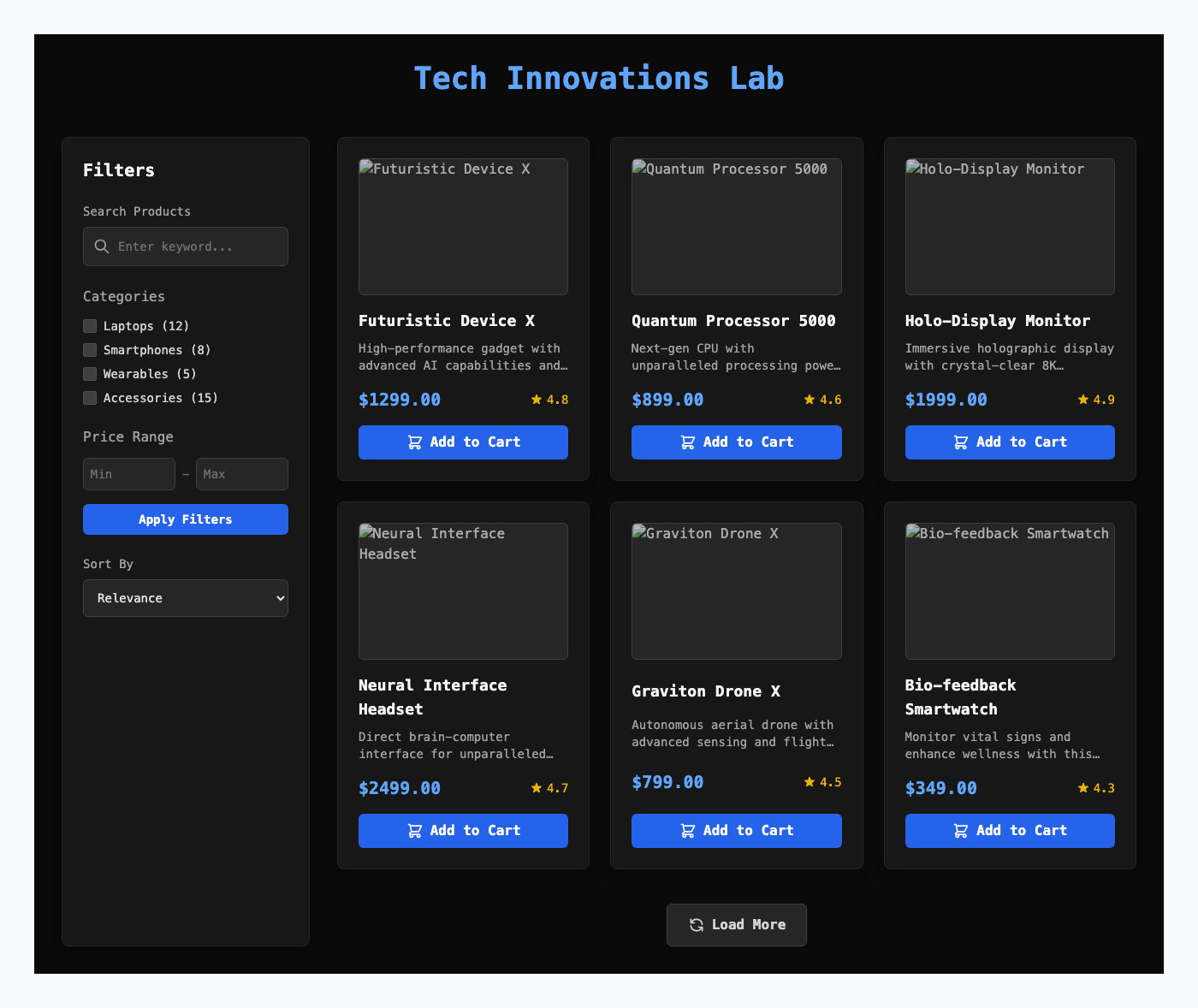 High-Tech Product Showcase with Dynamic Filters
