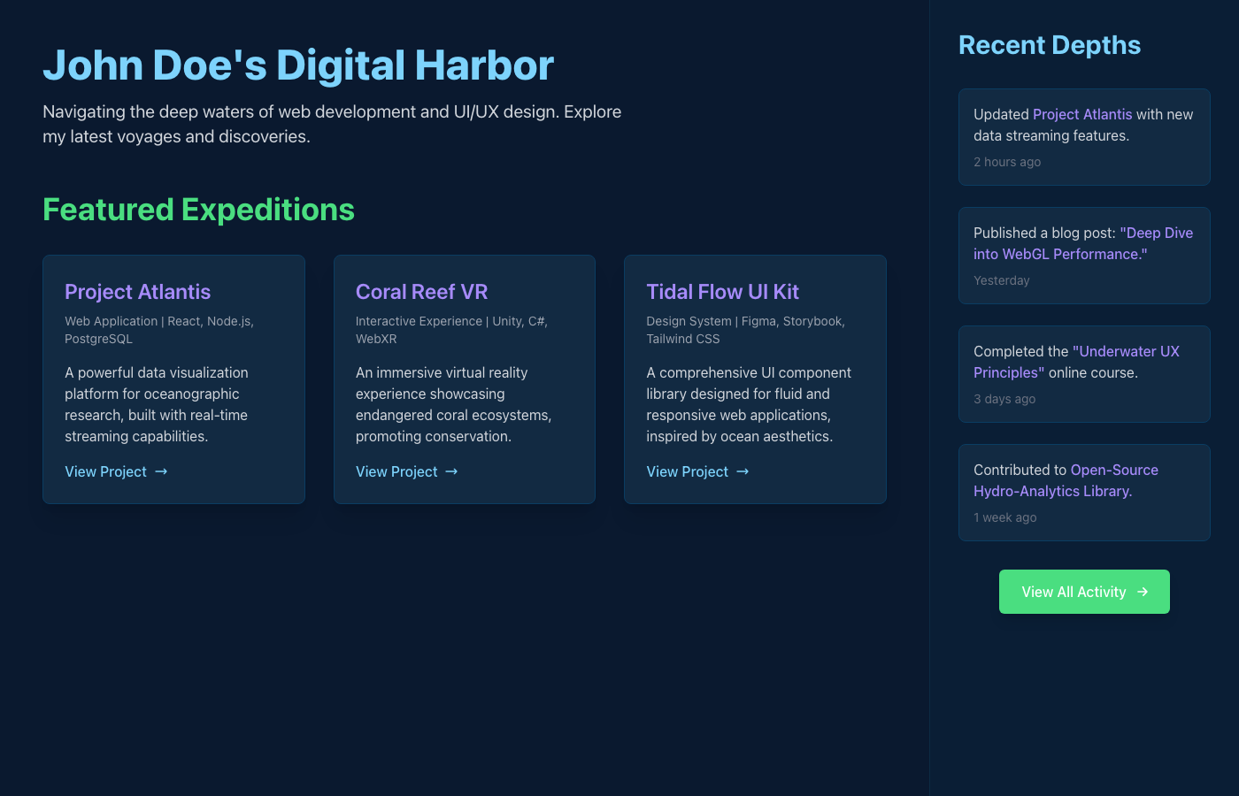 Deep Ocean Portfolio with Live Activity Feed