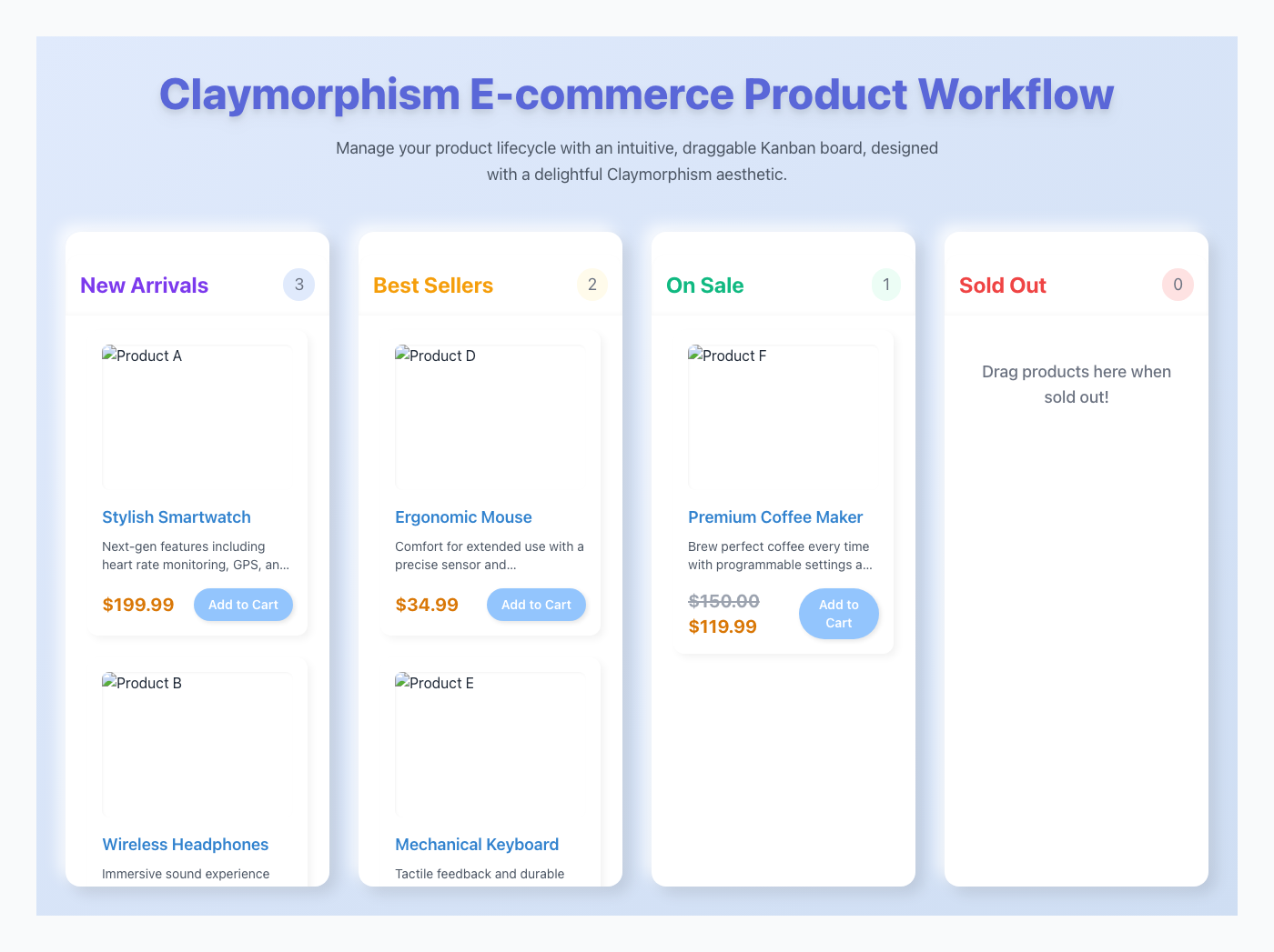 Claymorphism E-commerce Product Workflow Dashboard