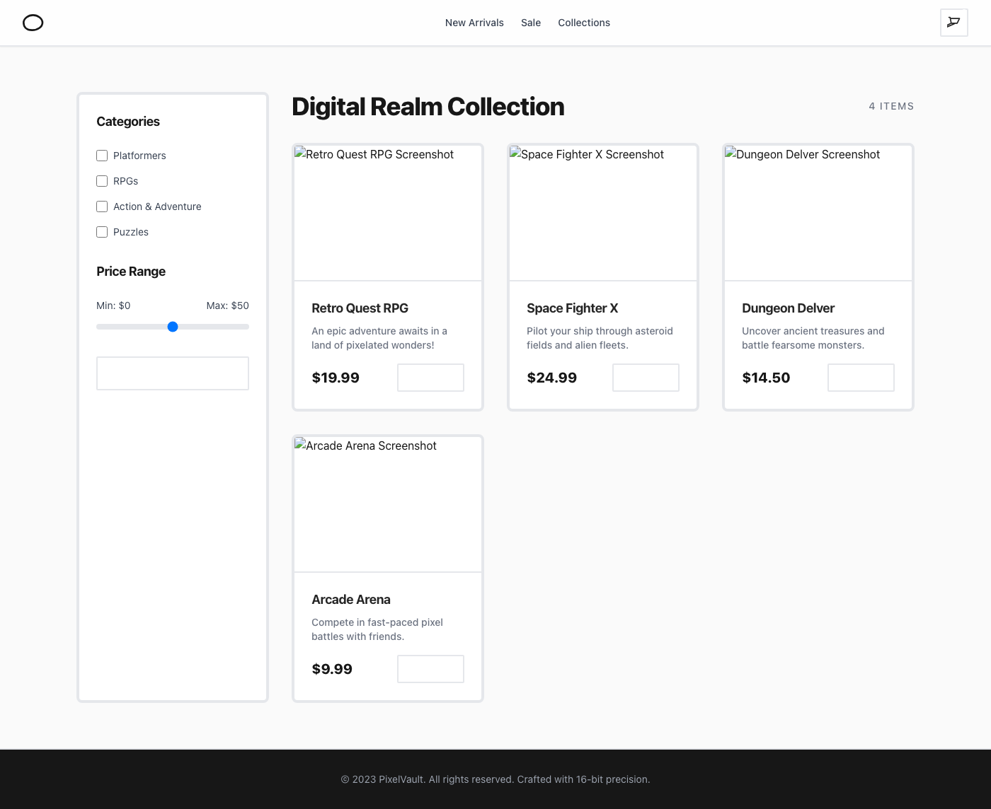 PixelVault - E-commerce Product Showcase with Filter