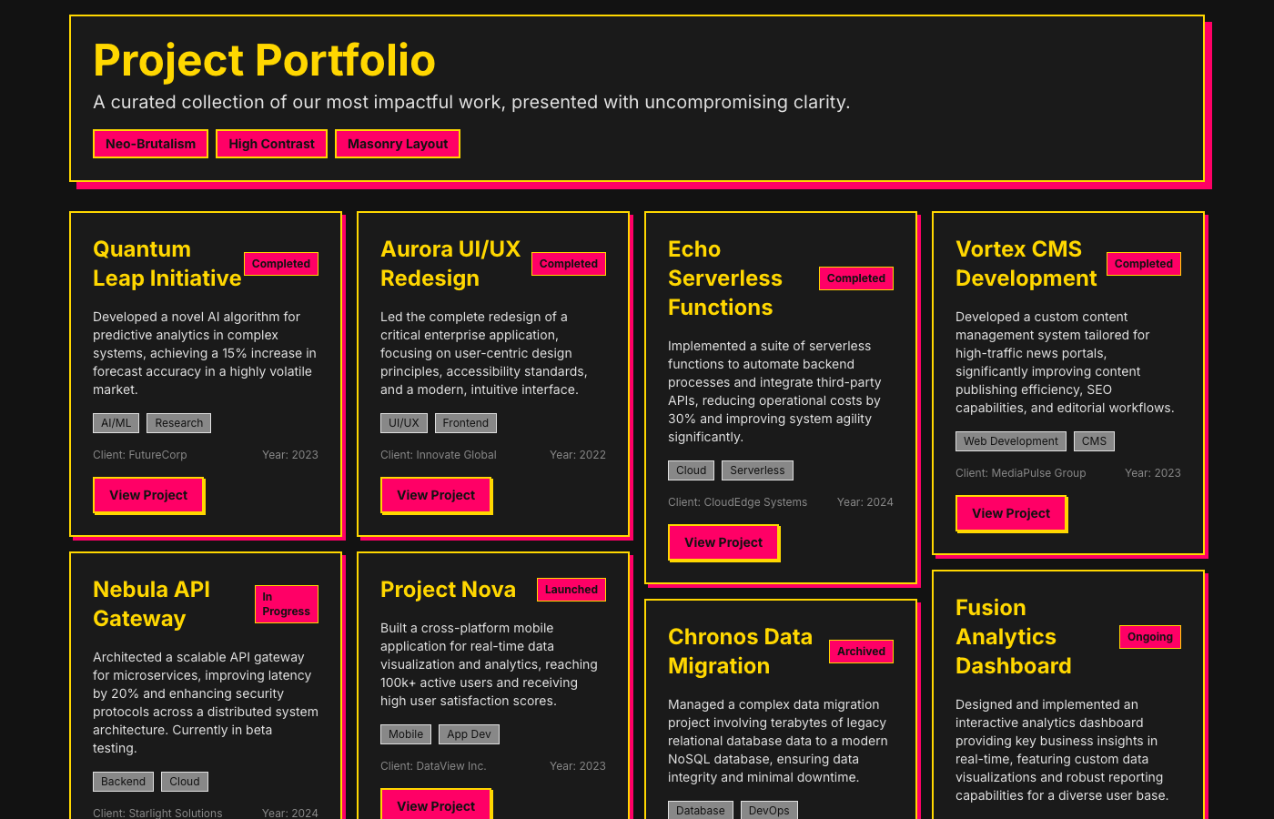 Neo-Brutal Project Portfolio Masonry