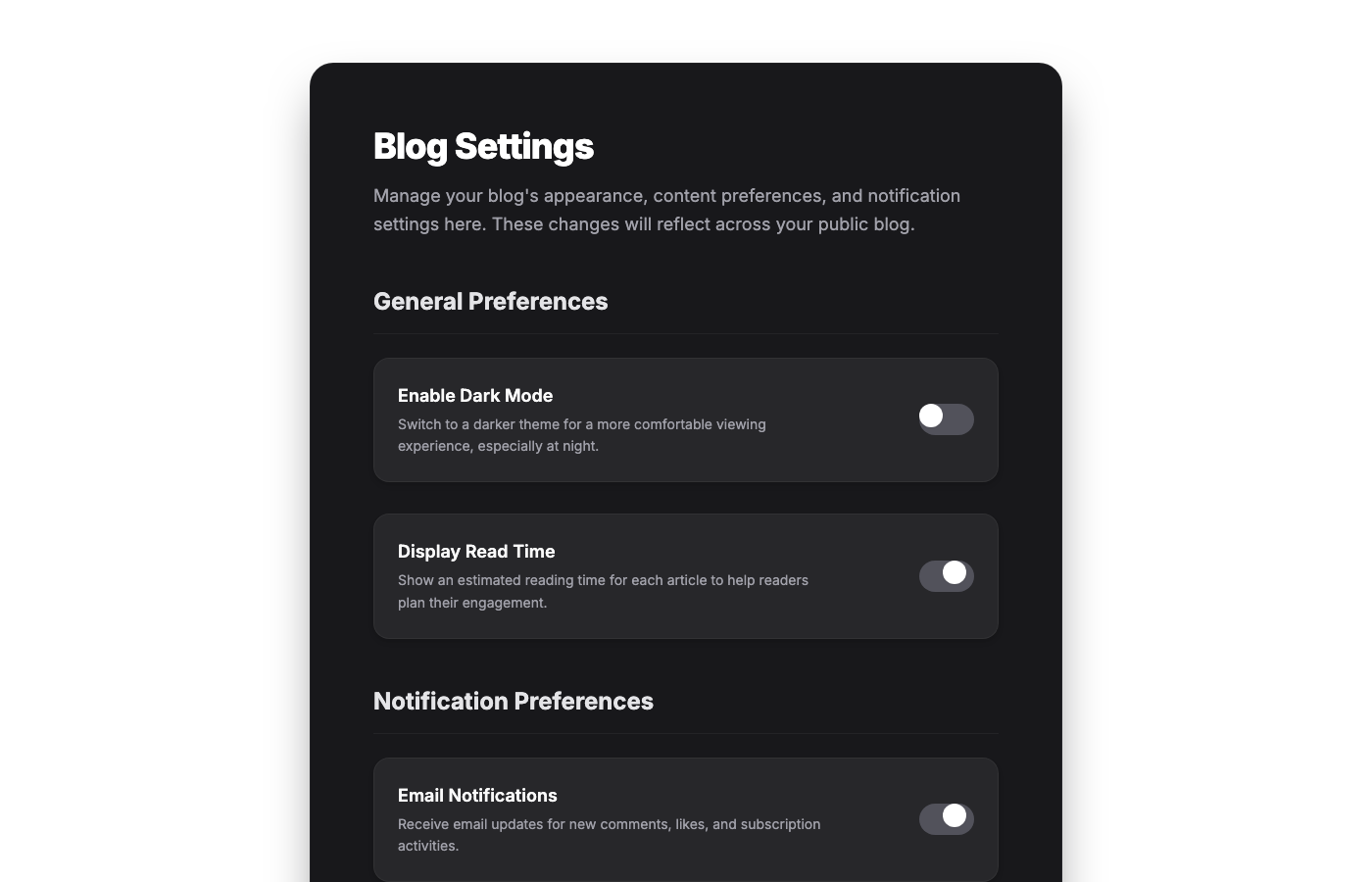 Linear App Dark Mode Blog Settings Page