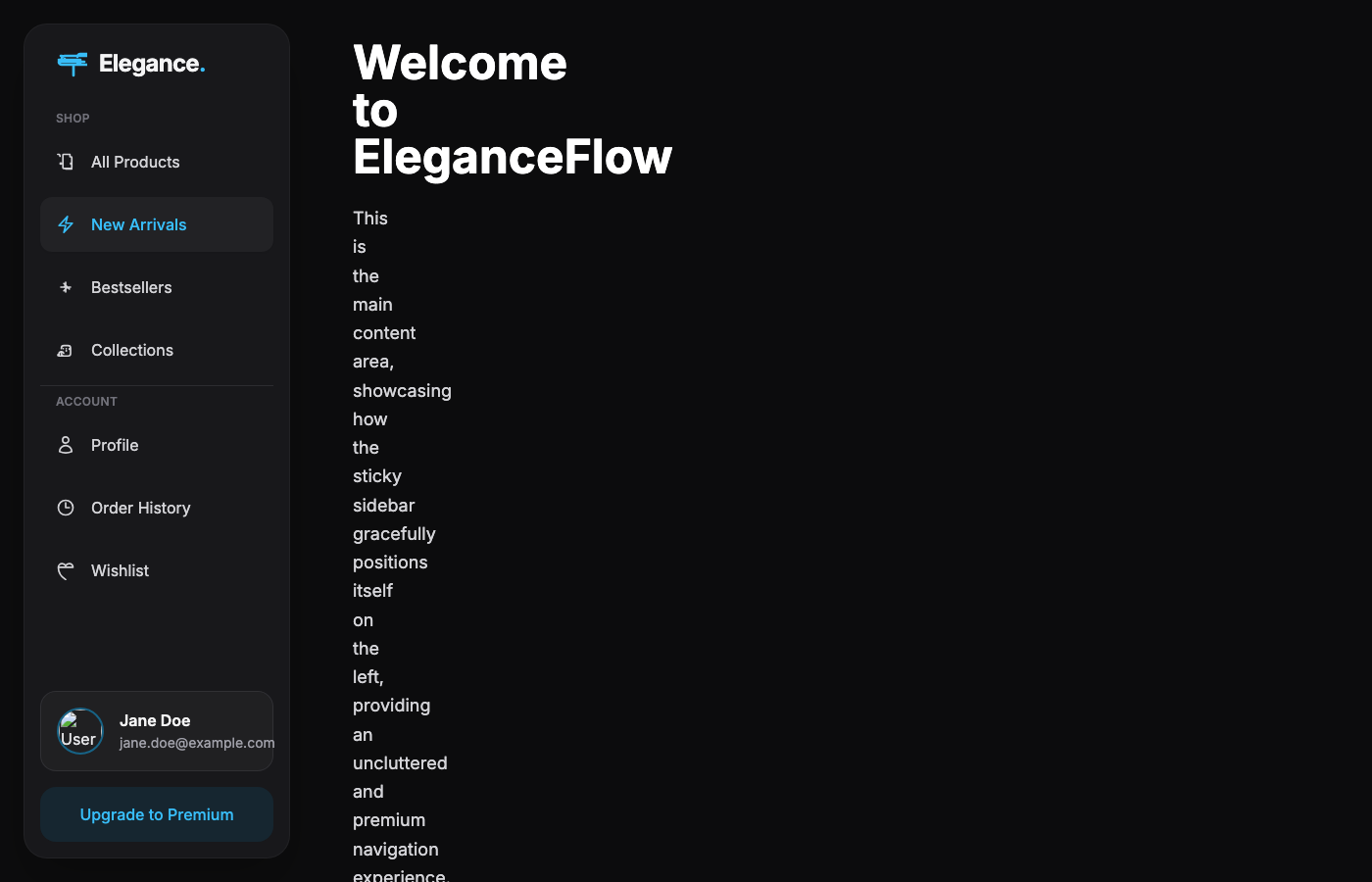 EleganceFlow Dark Mode Sidebar Navigation