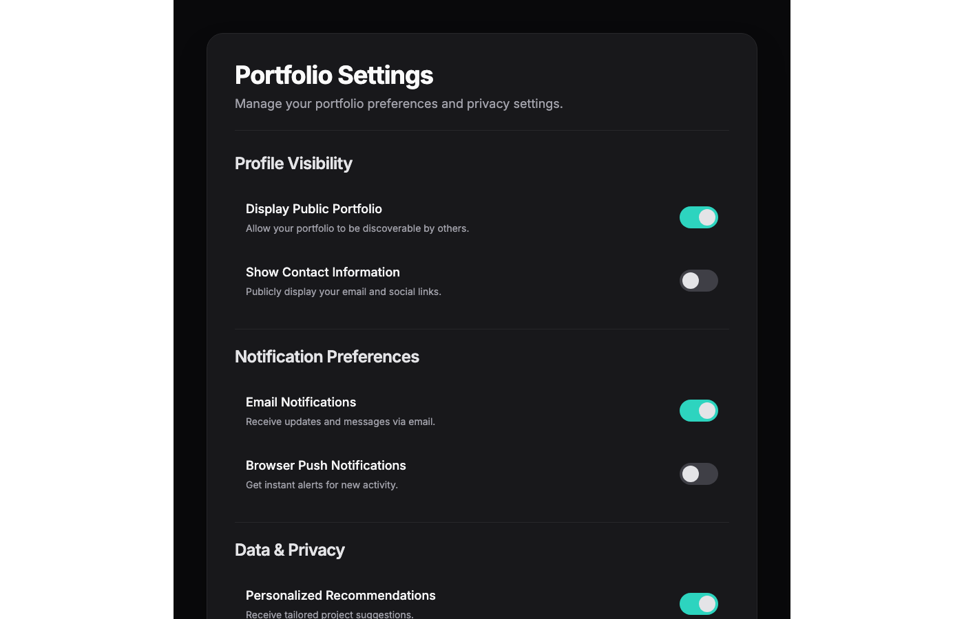 Elegant Dark Mode Portfolio Settings Page