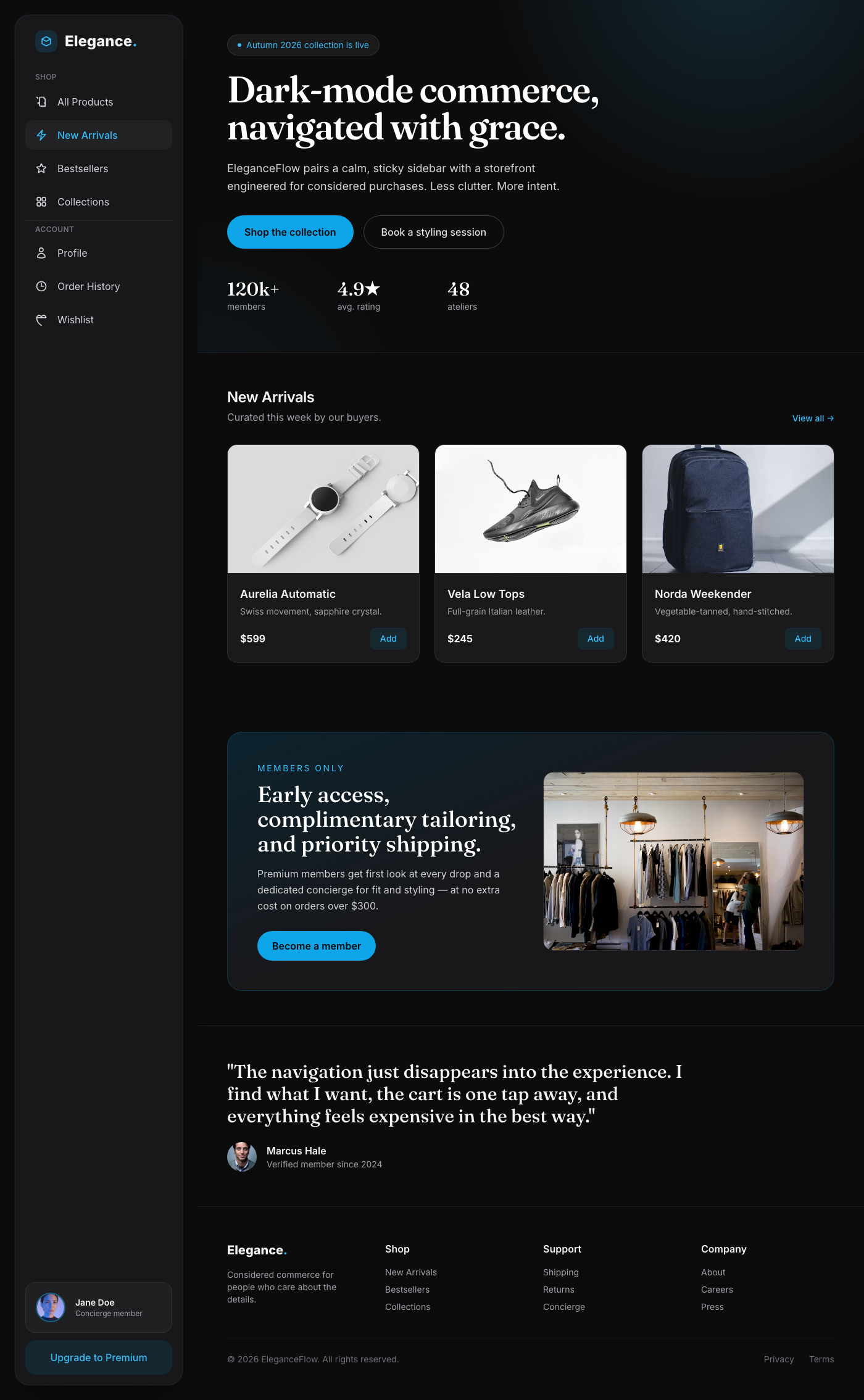 EleganceFlow Dark Mode Sidebar Navigation