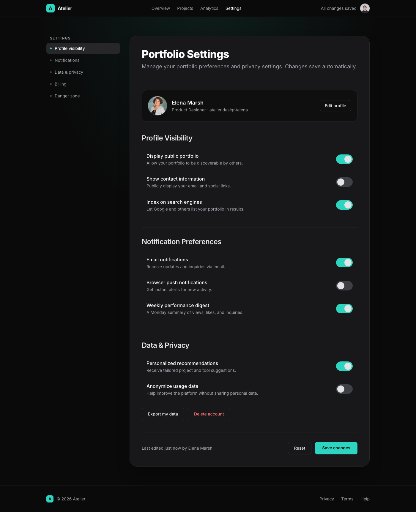 Elegant Dark Mode Portfolio Settings Page