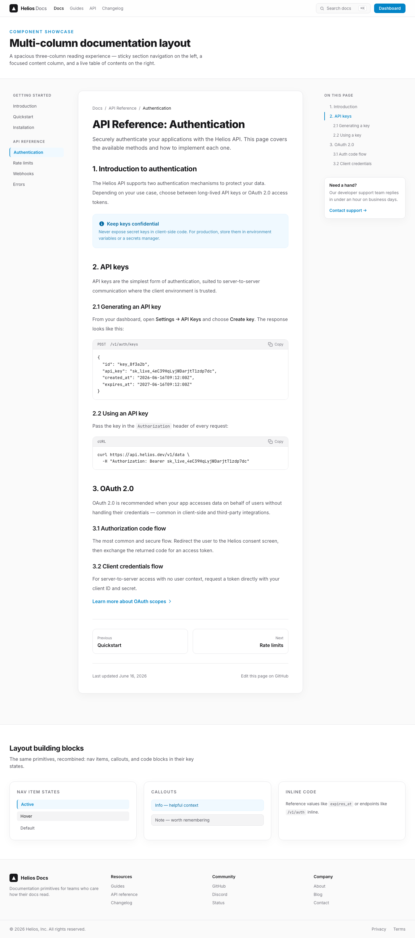 Vercel-Style Multi-column Technical Documentation Layout
