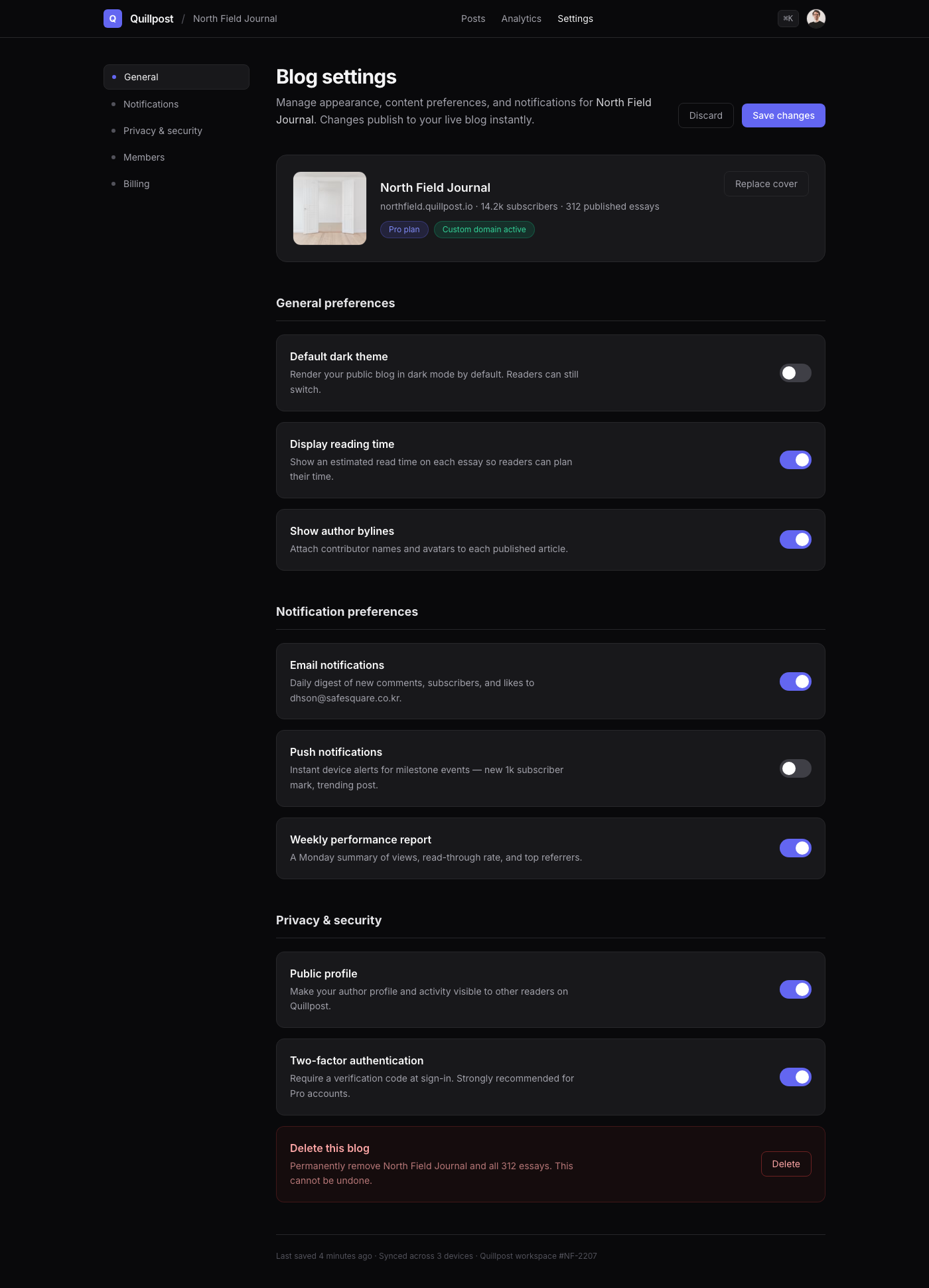 Linear App Dark Mode Blog Settings Page